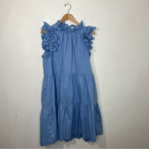 Sea Tiered Waverly Flutter Sleeves Ruffle Trim Carolina Blue Dress Size 8 - Picture 4 of 16